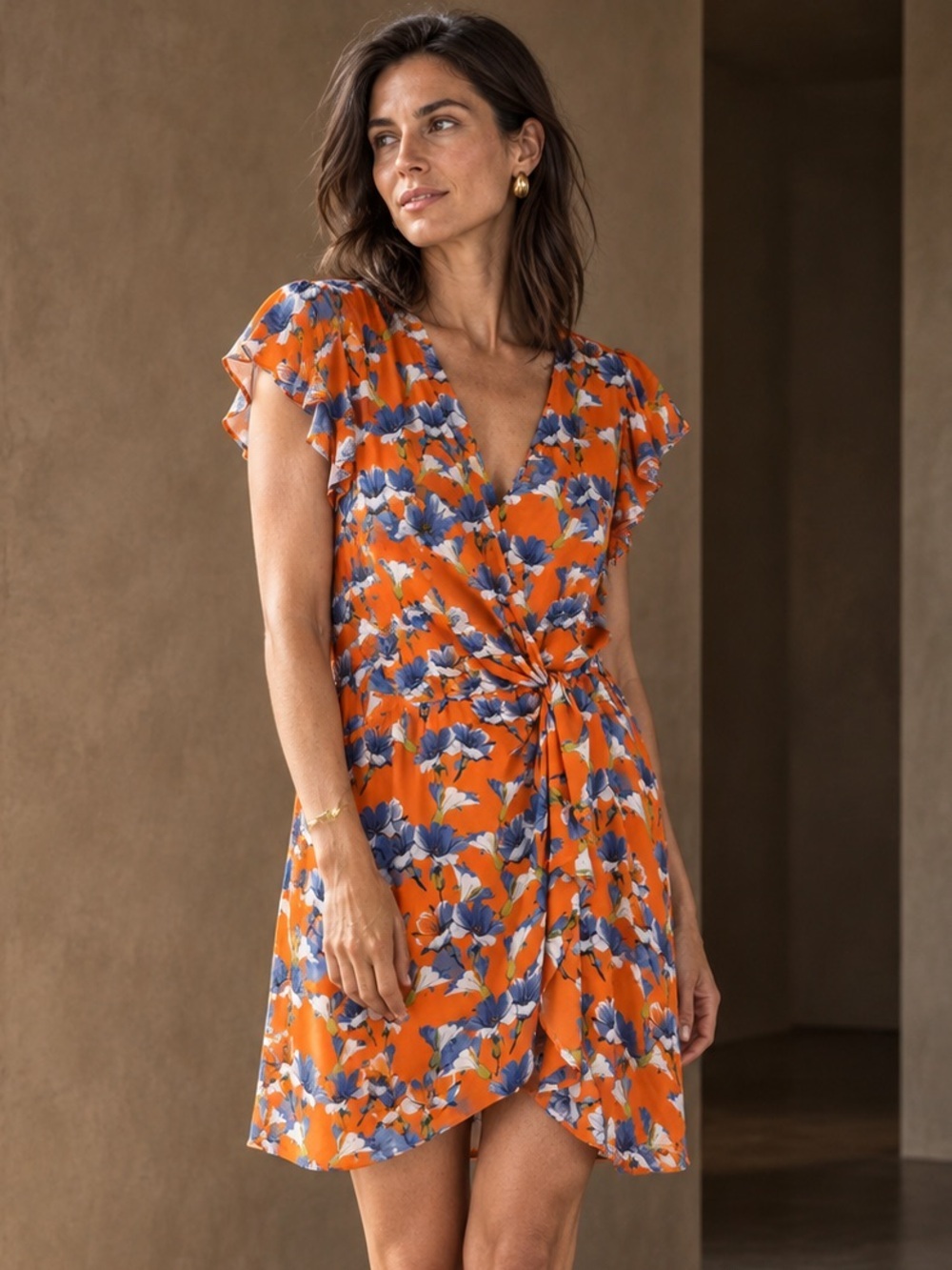Parker Ramona Silk Blend Mini Dress Amber Blooms Orange Blue Medium